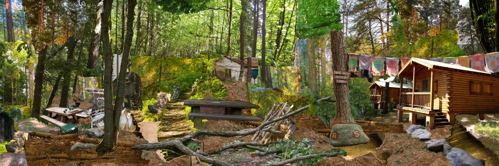 trees green forest cabin stone
