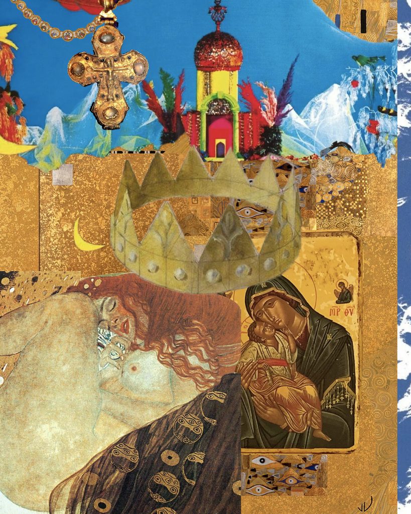 gold crown moon cross painting girl blue clouds mountains