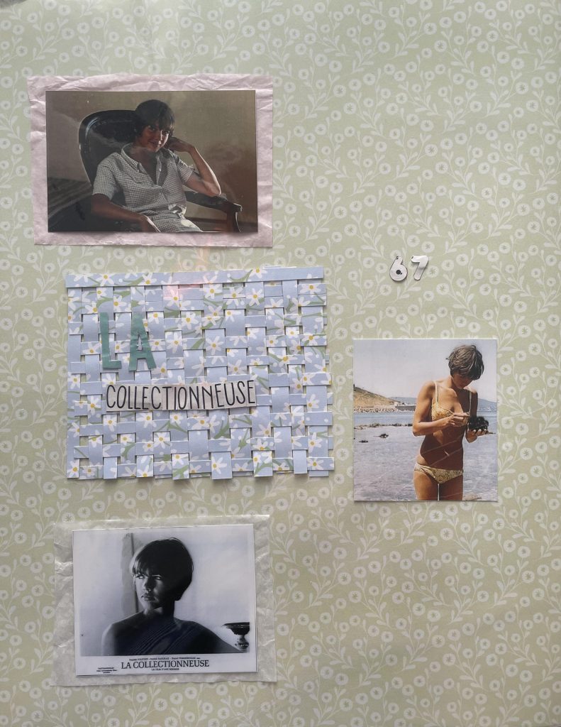 collage girl paper text blue green