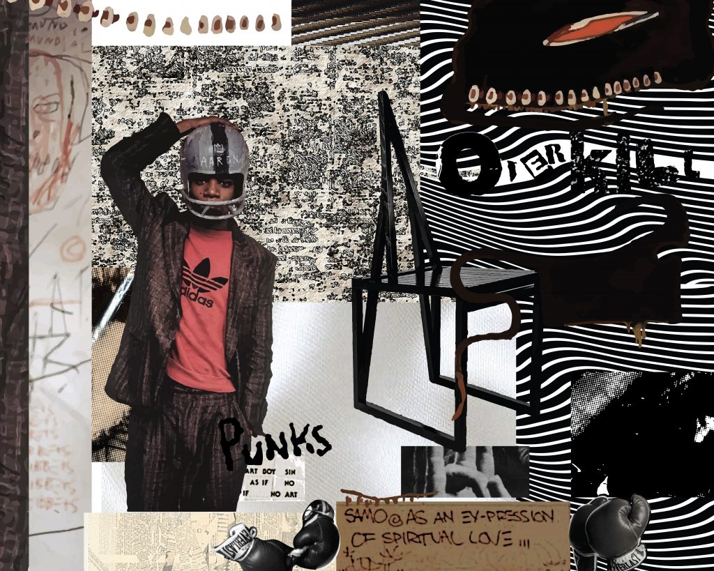 collage black white serpent man helmet chair eyes boxing text