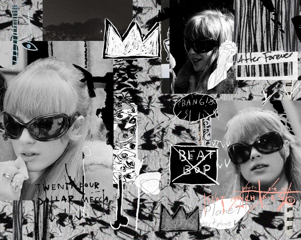 black white pink collage girl sungasses ants text