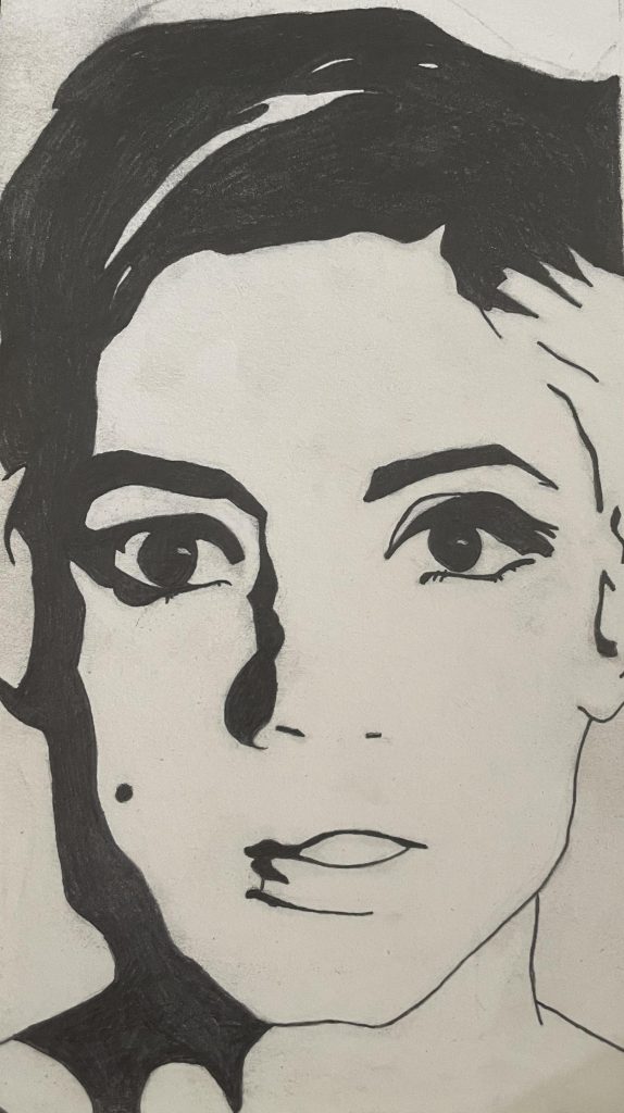 girl print drawing black white eyes mouth hair