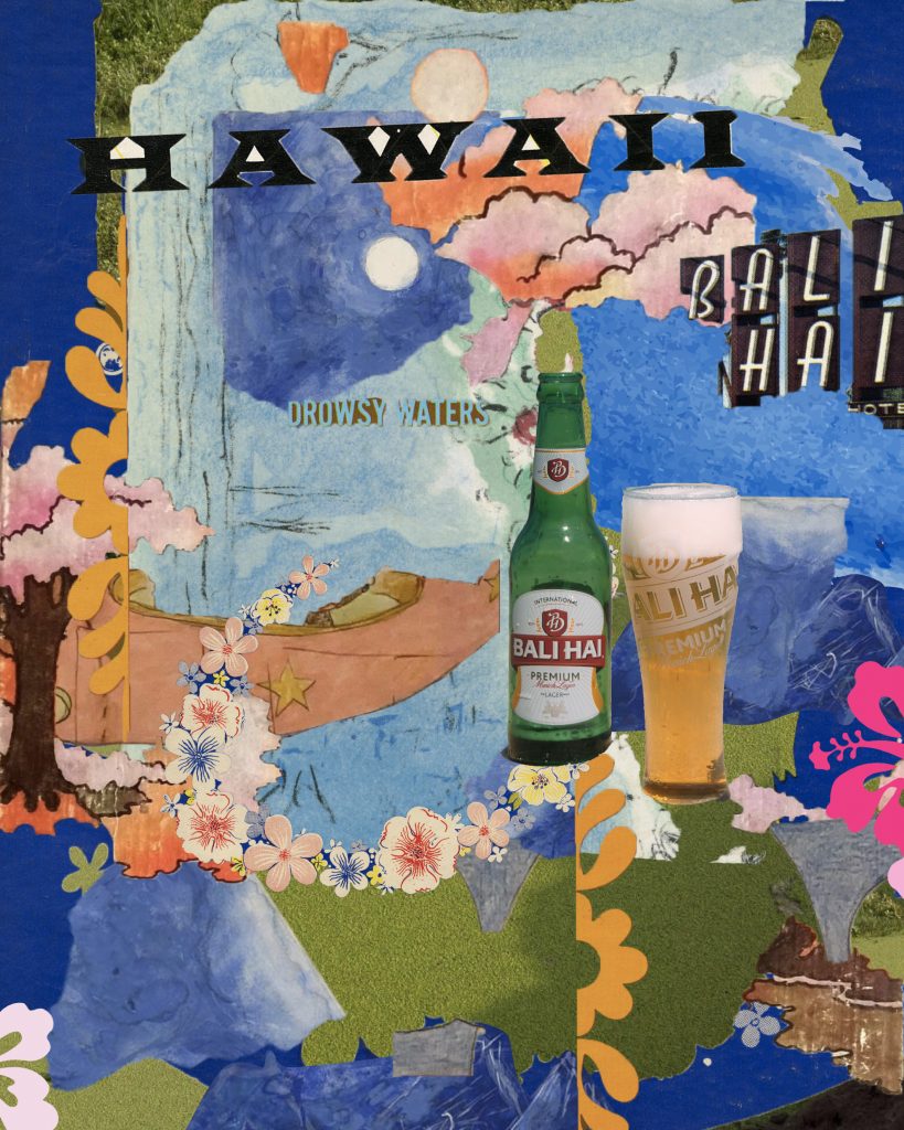 collage blue green flowers Hawaii text
