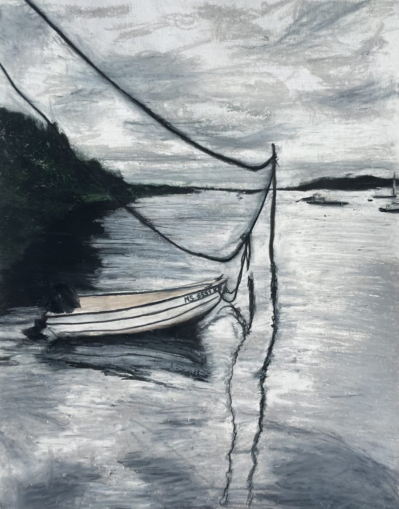 painting boat water blue white