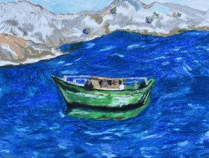 boat water painting mountains green blue
