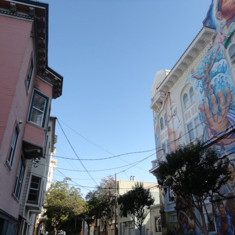 buildings murals pink sky